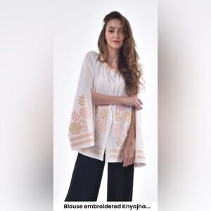 2KOLYORY Blouse Embroidered Knyajna Milky, size M/L, white/gold/pink embroidery